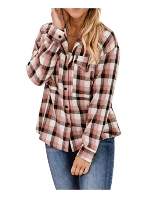 NUOREEL Womens Plaid Shirts Button Down Flannel Shirts Boyfriend Long Sleeve Shirts