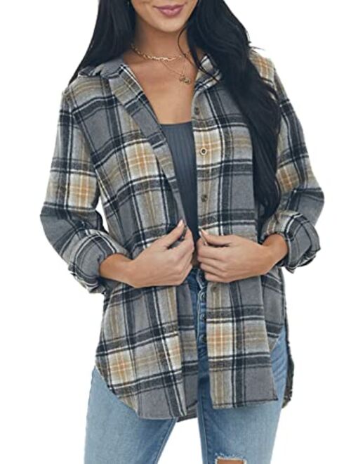 NUOREEL Womens Plaid Shirts Button Down Flannel Shirts Boyfriend Long Sleeve Shirts