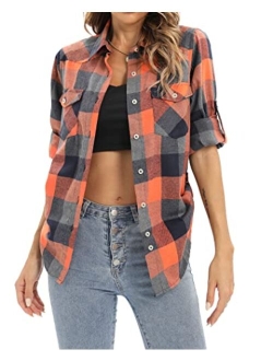 siliteelon Womens Flannel Plaid Shirts Roll Up Long Sleeve Button Down Cotton Boyfriend Casual Cuffed Blouse Shirts Tops