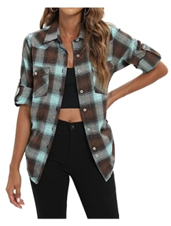 siliteelon Womens Flannel Plaid Shirts Roll Up Long Sleeve Button Down Cotton Boyfriend Casual Cuffed Blouse Shirts Tops