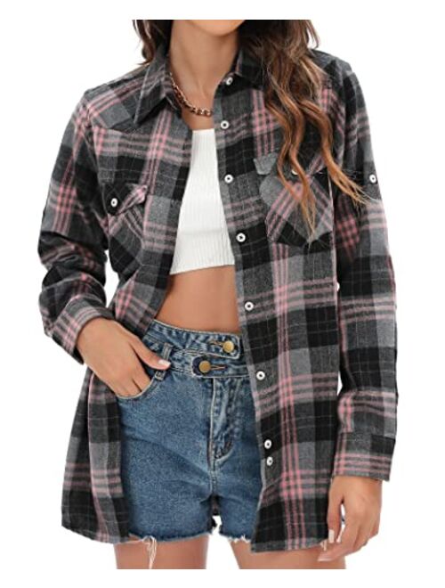 siliteelon Womens Flannel Plaid Shirts Roll Up Long Sleeve Button Down Cotton Boyfriend Casual Cuffed Blouse Shirts Tops