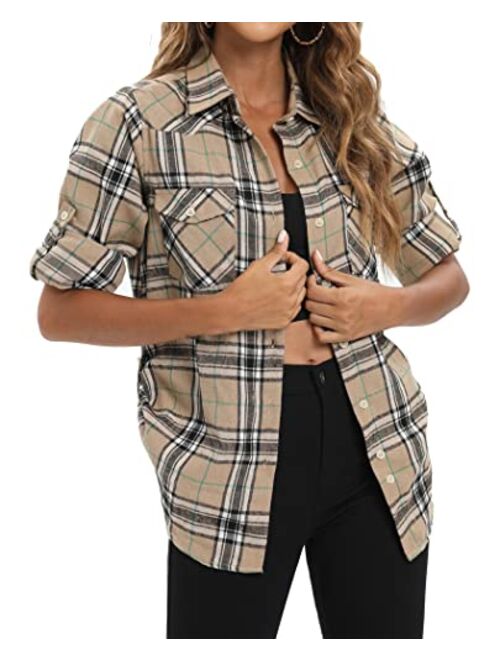 siliteelon Womens Flannel Plaid Shirts Roll Up Long Sleeve Button Down Cotton Boyfriend Casual Cuffed Blouse Shirts Tops