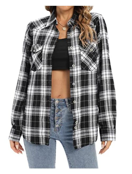 siliteelon Womens Flannel Plaid Shirts Roll Up Long Sleeve Button Down Cotton Boyfriend Casual Cuffed Blouse Shirts Tops