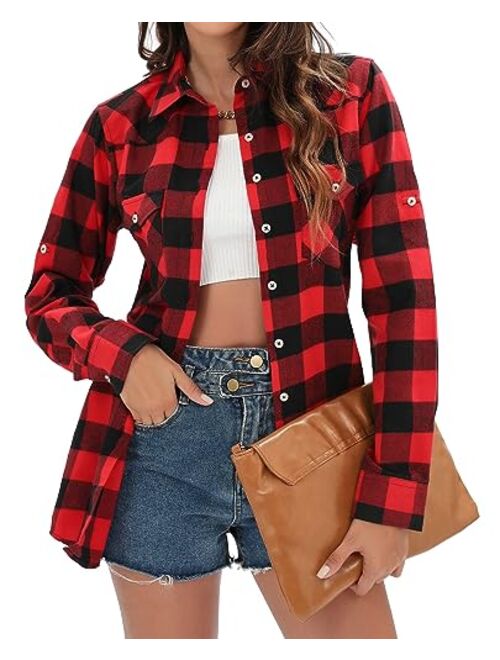 siliteelon Womens Flannel Plaid Shirts Roll Up Long Sleeve Button Down Cotton Boyfriend Casual Cuffed Blouse Shirts Tops