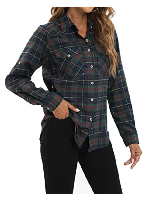 siliteelon Womens Flannel Plaid Shirts Roll Up Long Sleeve Button Down Cotton Boyfriend Casual Cuffed Blouse Shirts Tops