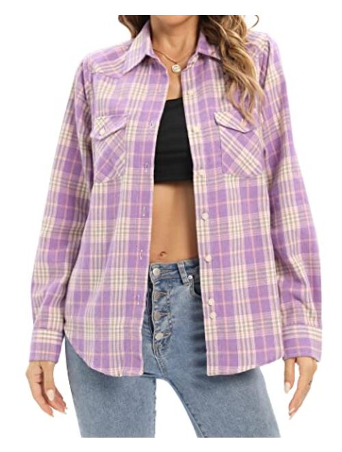 siliteelon Womens Flannel Plaid Shirts Roll Up Long Sleeve Button Down Cotton Boyfriend Casual Cuffed Blouse Shirts Tops