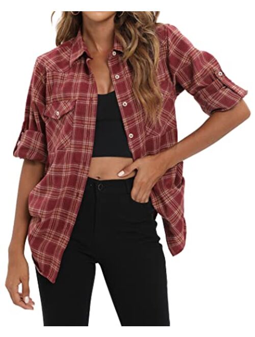 siliteelon Womens Flannel Plaid Shirts Roll Up Long Sleeve Button Down Cotton Boyfriend Casual Cuffed Blouse Shirts Tops