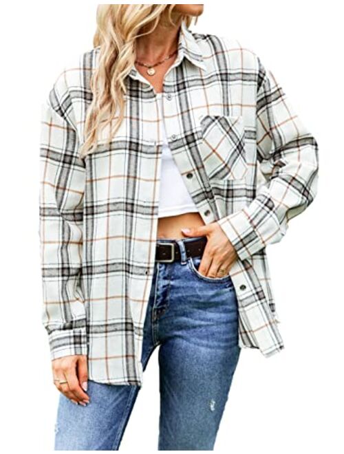 Zontroldy Womens Flannel Shirt Plaid Buffalo Long Sleeve Button Down Oversized Flannels Shirts Blouse Tops