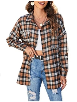 Women's Button Down Flannel Shirts Plaid Shacket Long Sleeve Collared Business Casual Tops Work Blouses