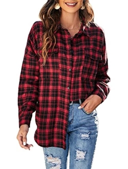 Women's Button Down Flannel Shirts Plaid Shacket Long Sleeve Collared Business Casual Tops Work Blouses