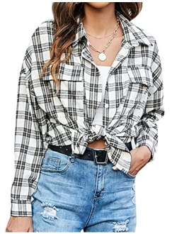 Women's Button Down Flannel Shirts Plaid Shacket Long Sleeve Collared Business Casual Tops Work Blouses