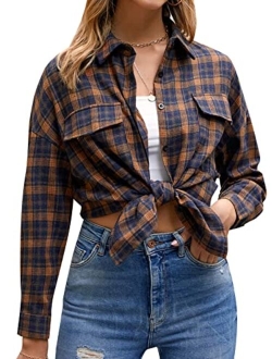 Women's Button Down Flannel Shirts Plaid Shacket Long Sleeve Collared Business Casual Tops Work Blouses