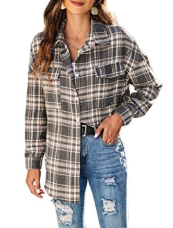 Women's Button Down Flannel Shirts Plaid Shacket Long Sleeve Collared Business Casual Tops Work Blouses