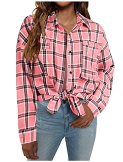 Women's Button Down Flannel Shirts Plaid Shacket Long Sleeve Collared Business Casual Tops Work Blouses