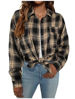 Women's Button Down Flannel Shirts Plaid Shacket Long Sleeve Collared Business Casual Tops Work Blouses