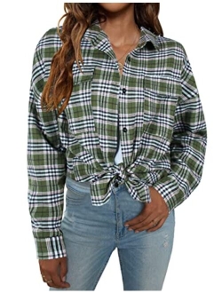 Women's Button Down Flannel Shirts Plaid Shacket Long Sleeve Collared Business Casual Tops Work Blouses