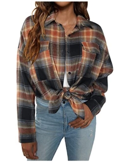 Women's Button Down Flannel Shirts Plaid Shacket Long Sleeve Collared Business Casual Tops Work Blouses