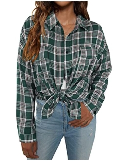 Women's Button Down Flannel Shirts Plaid Shacket Long Sleeve Collared Business Casual Tops Work Blouses