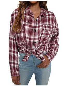 Women's Button Down Flannel Shirts Plaid Shacket Long Sleeve Collared Business Casual Tops Work Blouses