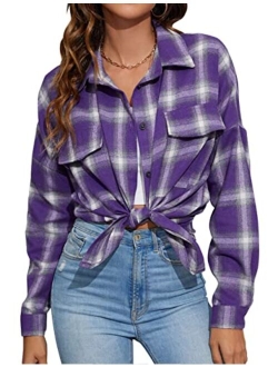 Women's Button Down Flannel Shirts Plaid Shacket Long Sleeve Collared Business Casual Tops Work Blouses