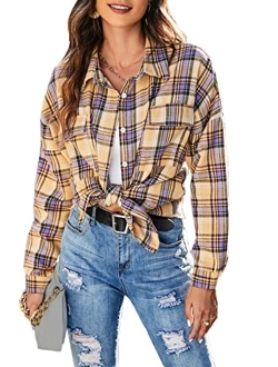 Women's Button Down Flannel Shirts Plaid Shacket Long Sleeve Collared Business Casual Tops Work Blouses