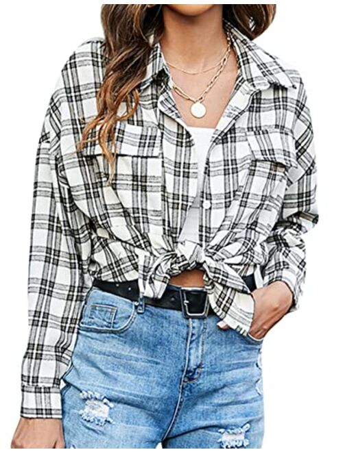 Blooming Jelly Women's Button Down Flannel Shirts Plaid Shacket Long Sleeve Collared Business Casual Tops Work Blouses