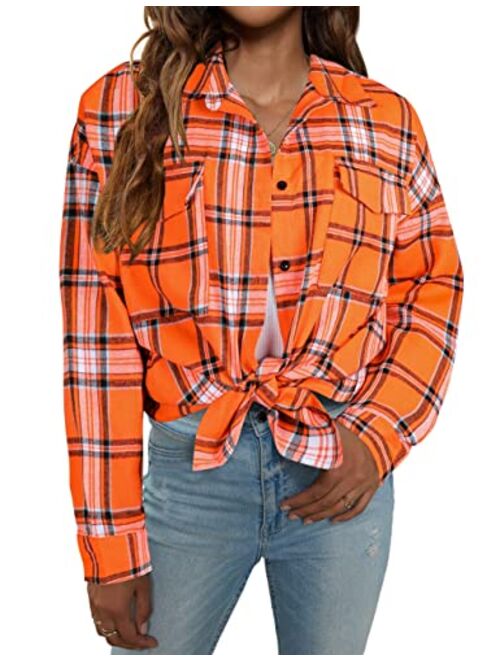 Blooming Jelly Women's Button Down Flannel Shirts Plaid Shacket Long Sleeve Collared Business Casual Tops Work Blouses