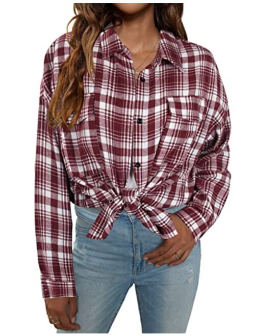 Blooming Jelly Women's Button Down Flannel Shirts Plaid Shacket Long Sleeve Collared Business Casual Tops Work Blouses