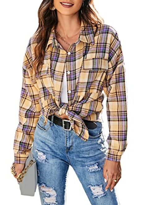 Blooming Jelly Women's Button Down Flannel Shirts Plaid Shacket Long Sleeve Collared Business Casual Tops Work Blouses