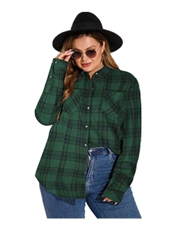 LALAGEN Womens Plus Size Plaid Flannel Shirt Casual Loose Fit Long Sleeve Button Down Shirts Blouse Tops