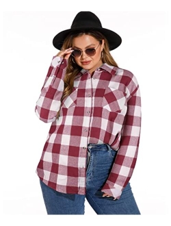 LALAGEN Womens Plus Size Plaid Flannel Shirt Casual Loose Fit Long Sleeve Button Down Shirts Blouse Tops