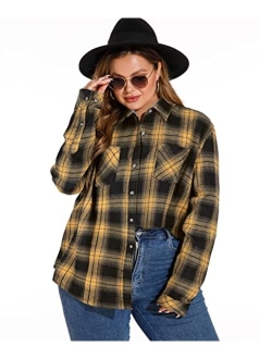 LALAGEN Womens Plus Size Plaid Flannel Shirt Casual Loose Fit Long Sleeve Button Down Shirts Blouse Tops