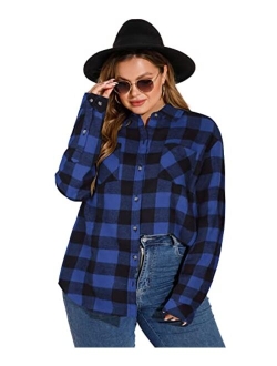 LALAGEN Womens Plus Size Plaid Flannel Shirt Casual Loose Fit Long Sleeve Button Down Shirts Blouse Tops