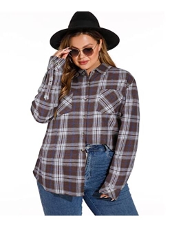 LALAGEN Womens Plus Size Plaid Flannel Shirt Casual Loose Fit Long Sleeve Button Down Shirts Blouse Tops