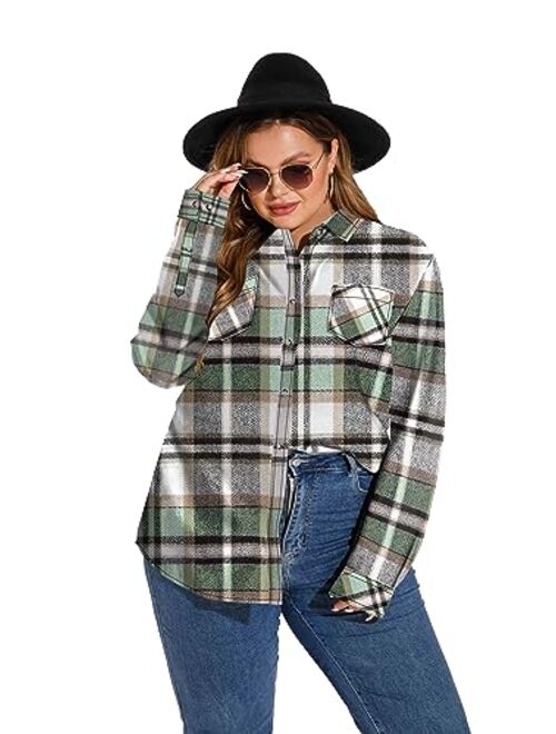 LALAGEN Womens Plus Size Plaid Flannel Shirt Casual Loose Fit Long Sleeve Button Down Shirts Blouse Tops