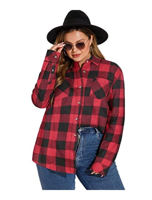 LALAGEN Womens Plus Size Plaid Flannel Shirt Casual Loose Fit Long Sleeve Button Down Shirts Blouse Tops