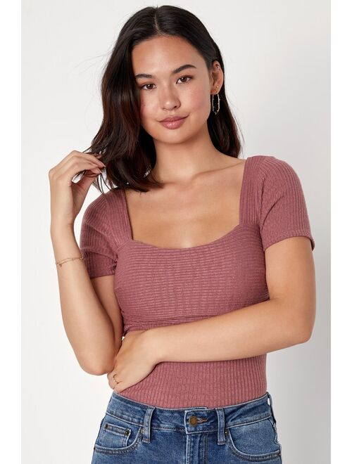 Lulus Quintessential Muse Mauve Ribbed Short Sleeve Top