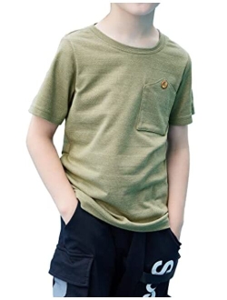 Boys Cotton Hipster Crewneck T-Shirt Solid Color Pullover Tee for Kids Tops