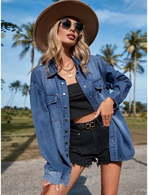 SHEIN VCAY Flap Pocket Drop Shoulder Denim Shirt