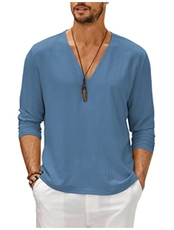 Mens V Neck Shirts Long Sleeve Casual Stylish Beach Vacation T Shirt Summer Henley Hippie Tops