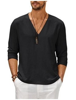 Mens V Neck Shirts Long Sleeve Casual Stylish Beach Vacation T Shirt Summer Henley Hippie Tops