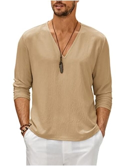 Mens V Neck Shirts Long Sleeve Casual Stylish Beach Vacation T Shirt Summer Henley Hippie Tops