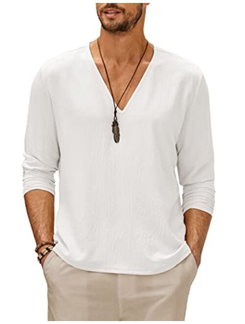 COOFANDY Mens V Neck Shirts Long Sleeve Casual Stylish Beach Vacation T Shirt Summer Henley Hippie Tops