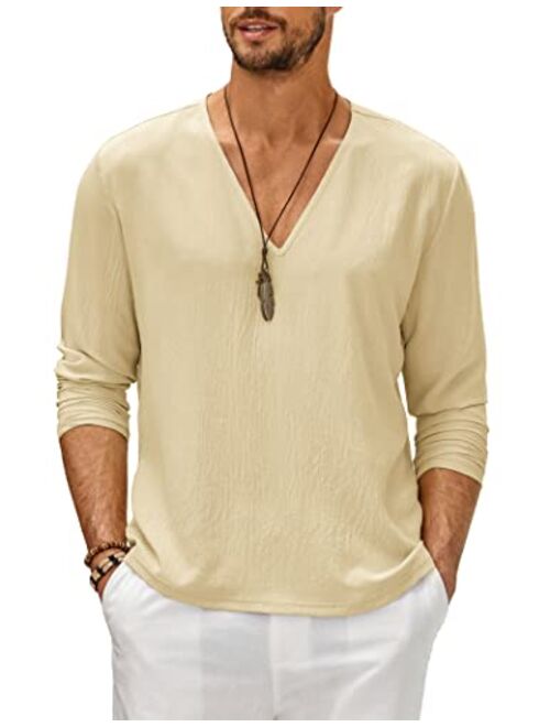 COOFANDY Mens V Neck Shirts Long Sleeve Casual Stylish Beach Vacation T Shirt Summer Henley Hippie Tops