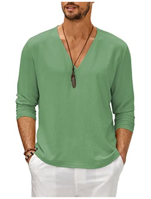 COOFANDY Mens V Neck Shirts Long Sleeve Casual Stylish Beach Vacation T Shirt Summer Henley Hippie Tops