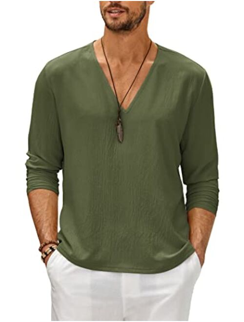 COOFANDY Mens V Neck Shirts Long Sleeve Casual Stylish Beach Vacation T Shirt Summer Henley Hippie Tops