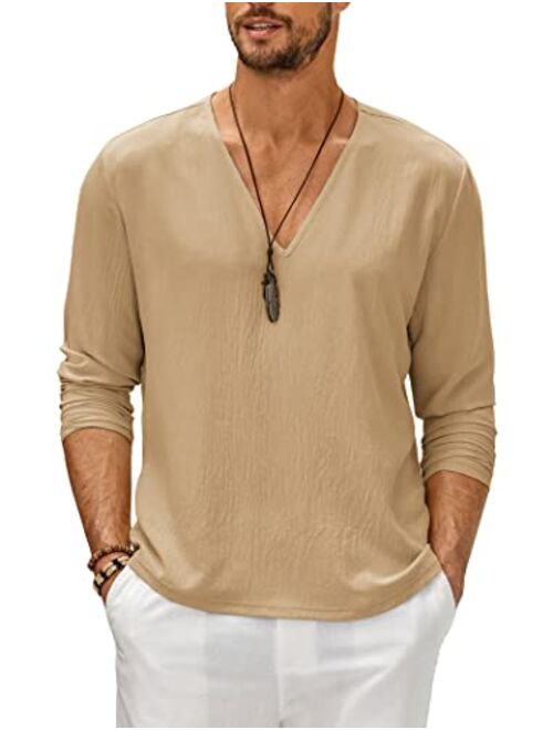 COOFANDY Mens V Neck Shirts Long Sleeve Casual Stylish Beach Vacation T Shirt Summer Henley Hippie Tops