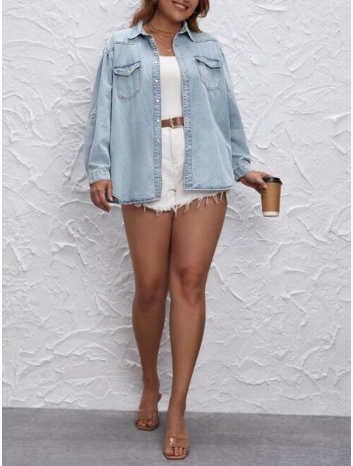 SHEIN LUNE Plus Flap Pocket Roll Tab Sleeve Denim Shirt