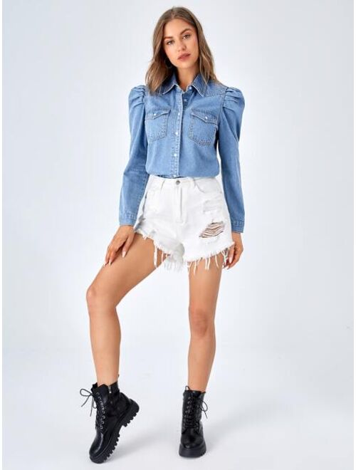 SHEIN LUNE Flap Pocket Gigot Sleeve Denim Shirt