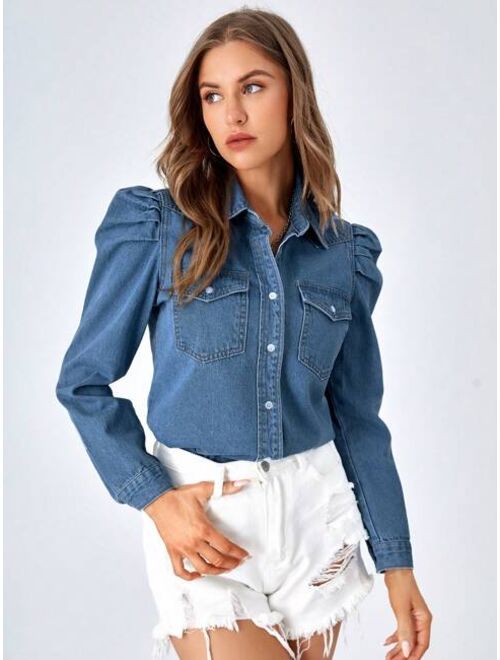 SHEIN LUNE Flap Pocket Gigot Sleeve Denim Shirt